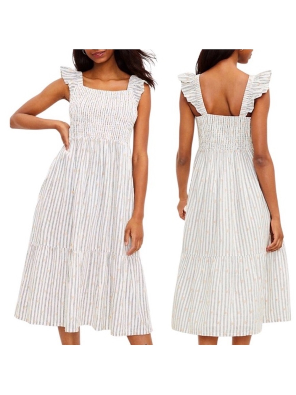 Loft‎ Cotton Blend Clip Stripe Smocked Ruffle Pockets Lined Breeze Midi Dress S